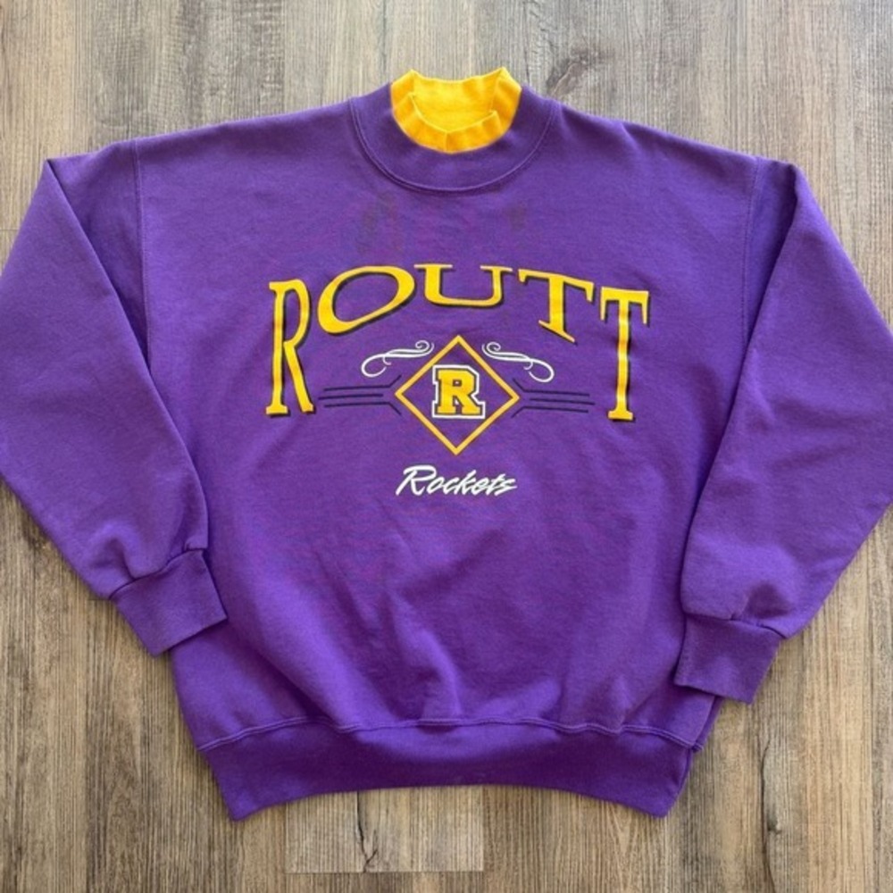 VTG Routt‎ Rockets Mock Neck Sweatshirt Sz Large Purple and Yellow Dodger